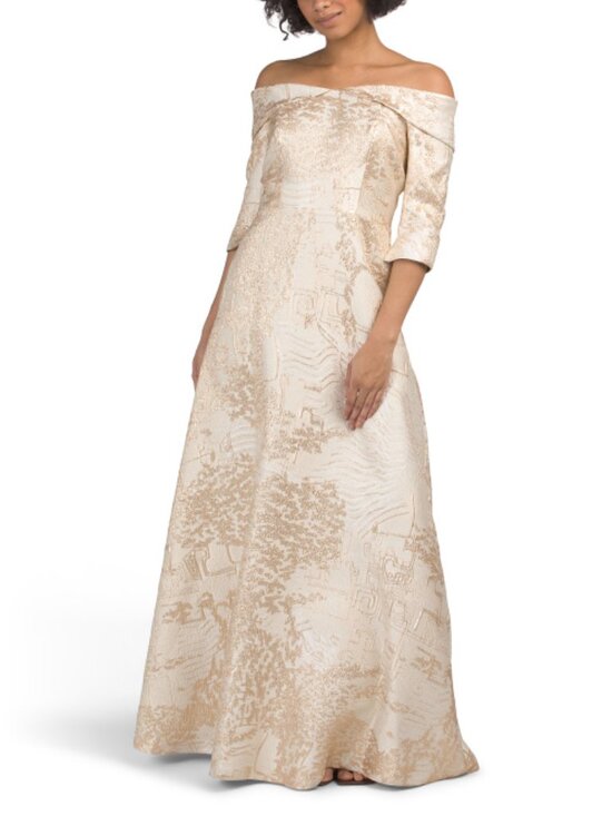 Teri Jon Dresses & Skirts - TERI JON Printed Jacquard Off The Shoulder Three-quarter Sleeve Gown